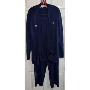 Jacobson's Navy Blue Knit 3 Piece Pant Set Cardigan Shell Gold Buttons women's M